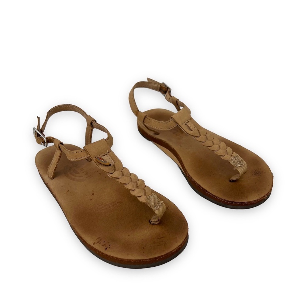 Rainbow brown leather braided T- Strap flat sandals